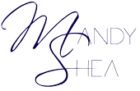 MandyShea logo - purple script text mixed with san serif futuristic font