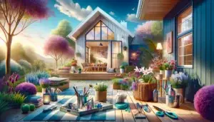 A painting of a house with many flowers in the background.